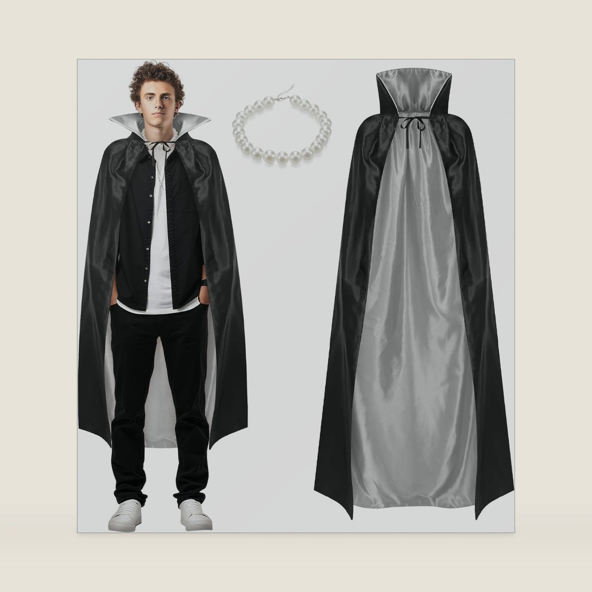 Halloween Vampire Cape Costume Set Black Silver Lining Cape Pearl Necklace