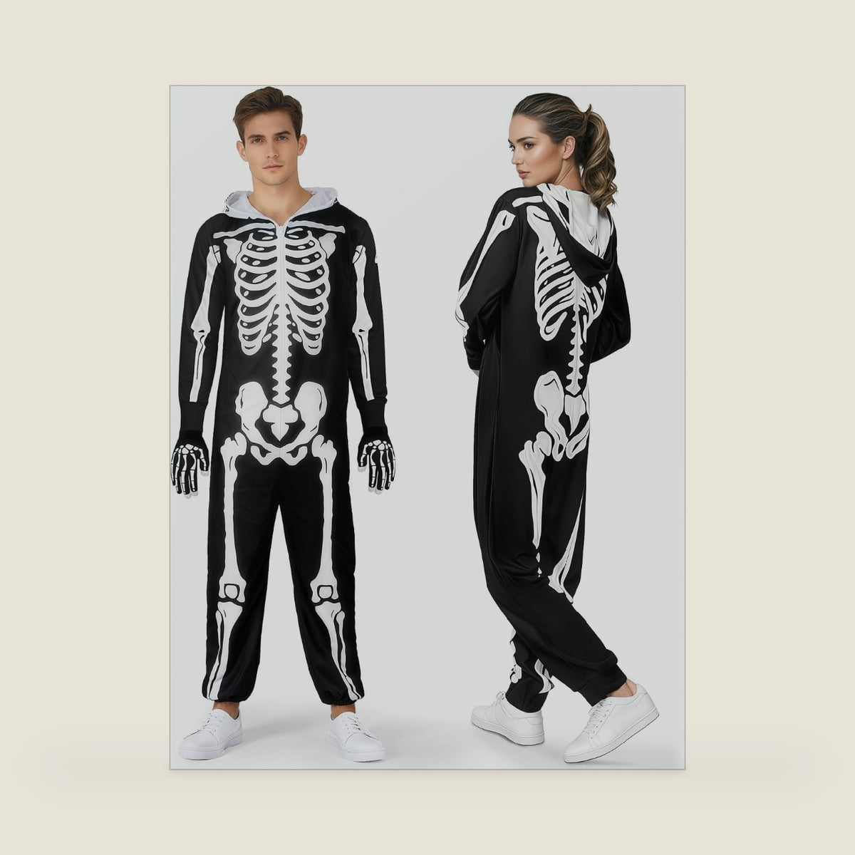 Halloween Skeleton Costume for Men, Skull Jumpsuit with Skeleton Gloves for Adult Cosplay Dress Up