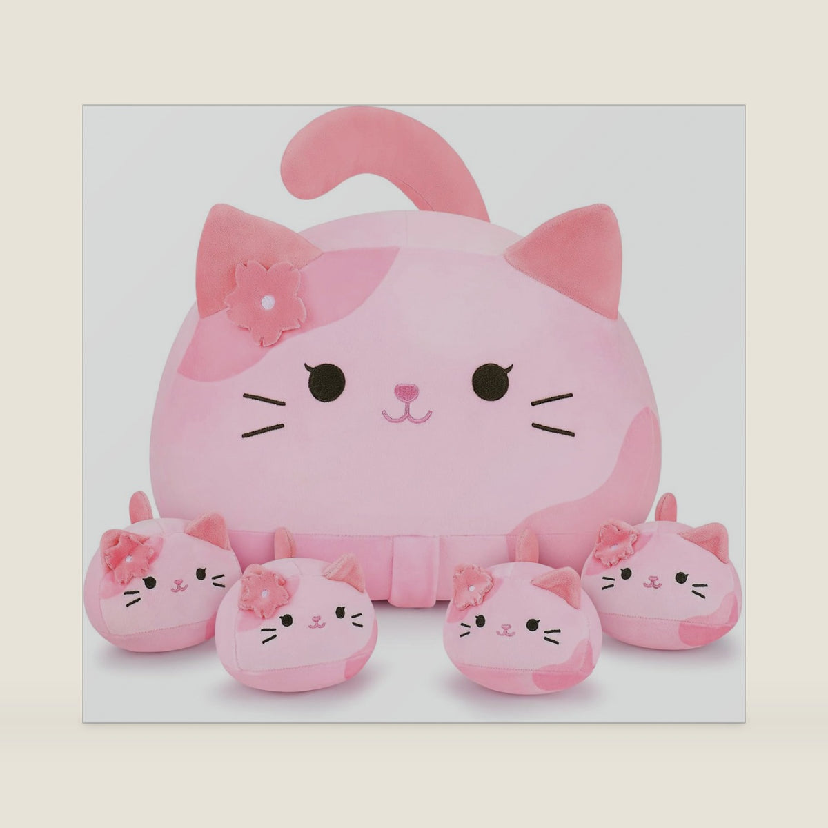 5 PCS Pink Sakura Cat Plush Stuffed Animal Family-19" Soft Pink Sakura Cat Plush, Large Mommy Plushies with 4 Baby Kittens Plushies, Kawaii Plush Toy Christmas Birthday Gifts for Kids Boys Girls
