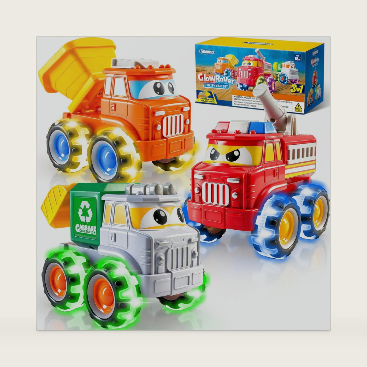 Vroomix GlowRover 3 Pack Monster Truck Toys, City Utility Cars with Flashing LED Light Up Wheels, Push and Go Cars for Boys Girls Age 3 4 5 6 7 Years Old Birthday Gifts