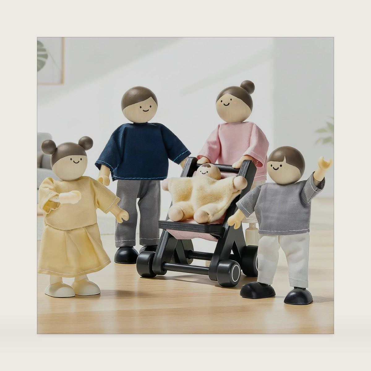 Tiny Land Wooden Dollhouse People Set, 5-Piece Poseable Wooden Doll Family