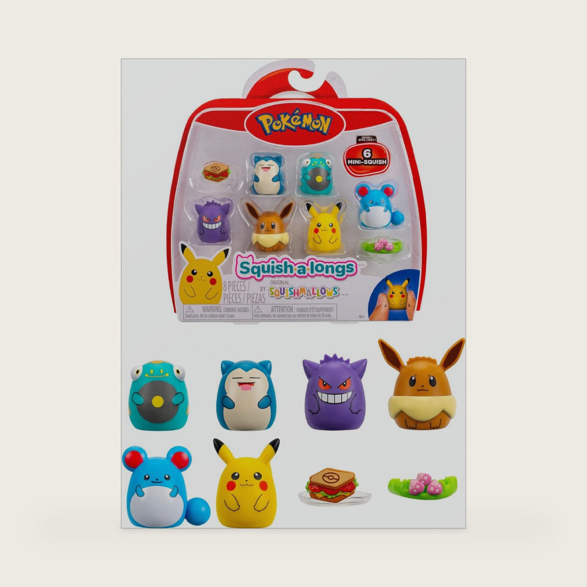 Squish-a-longs Pokémon Mini-Squish 6-Pack (Gengar, Pikachu, Snorlax, Eevee, Bellibolt, Marill) (Amazon Exclusive)