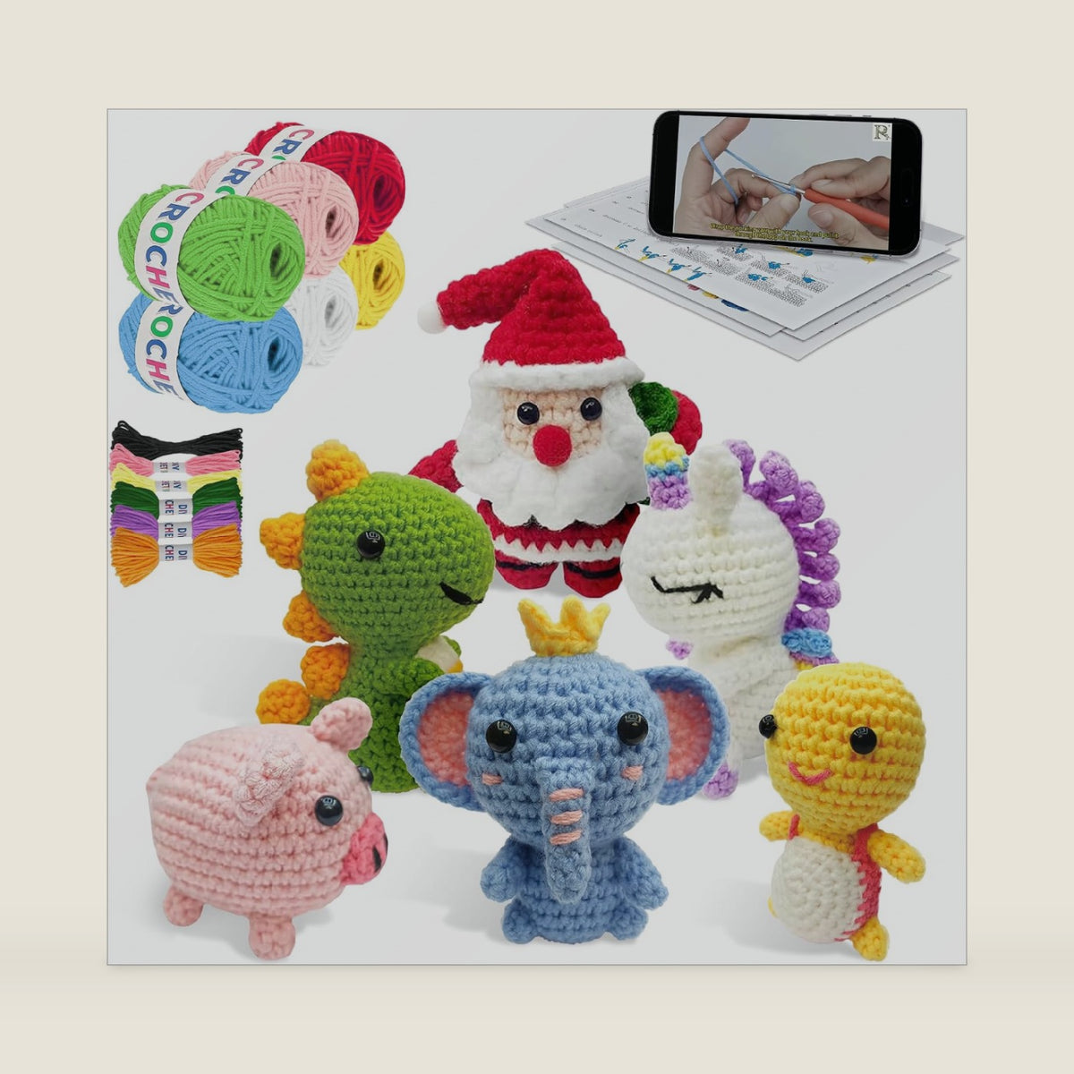 Flashbee Crochet Kit for Beginners Kids: 6pcs Cute Animal Crochet Set, Christmas Gifts for 8-12 Years Old Girls, Easy to Learn Knitting Kit with Step-by-Step Video Tutorials & Clear Instructions