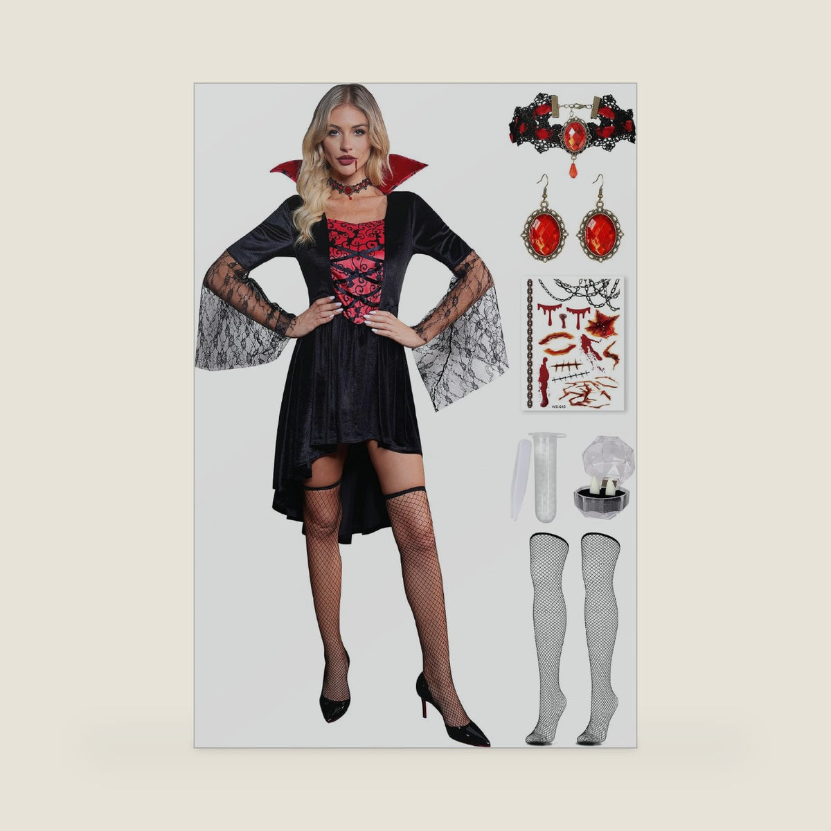 6Pcs Vampire Costume for Women Gothic Halloween Witch Black Dress with Fang