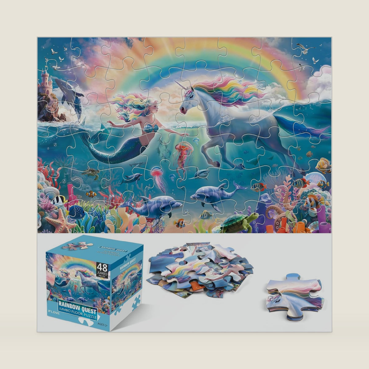 Jumbo Floor Puzzle for Kids,48 Piece Unicorn Mermaid Jigsaw Puzzle Ages 3-8