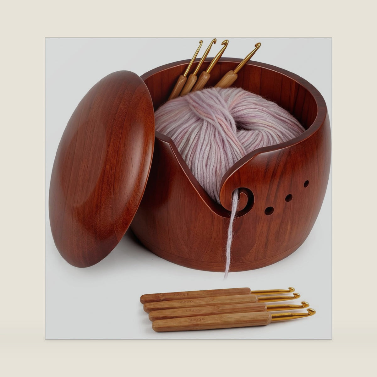 Wooden Yarn Bowl with Lid, 7.9x 5.3inch Large Yarn Holder for Crocheting with 8pcs Metal Crochet Hooks