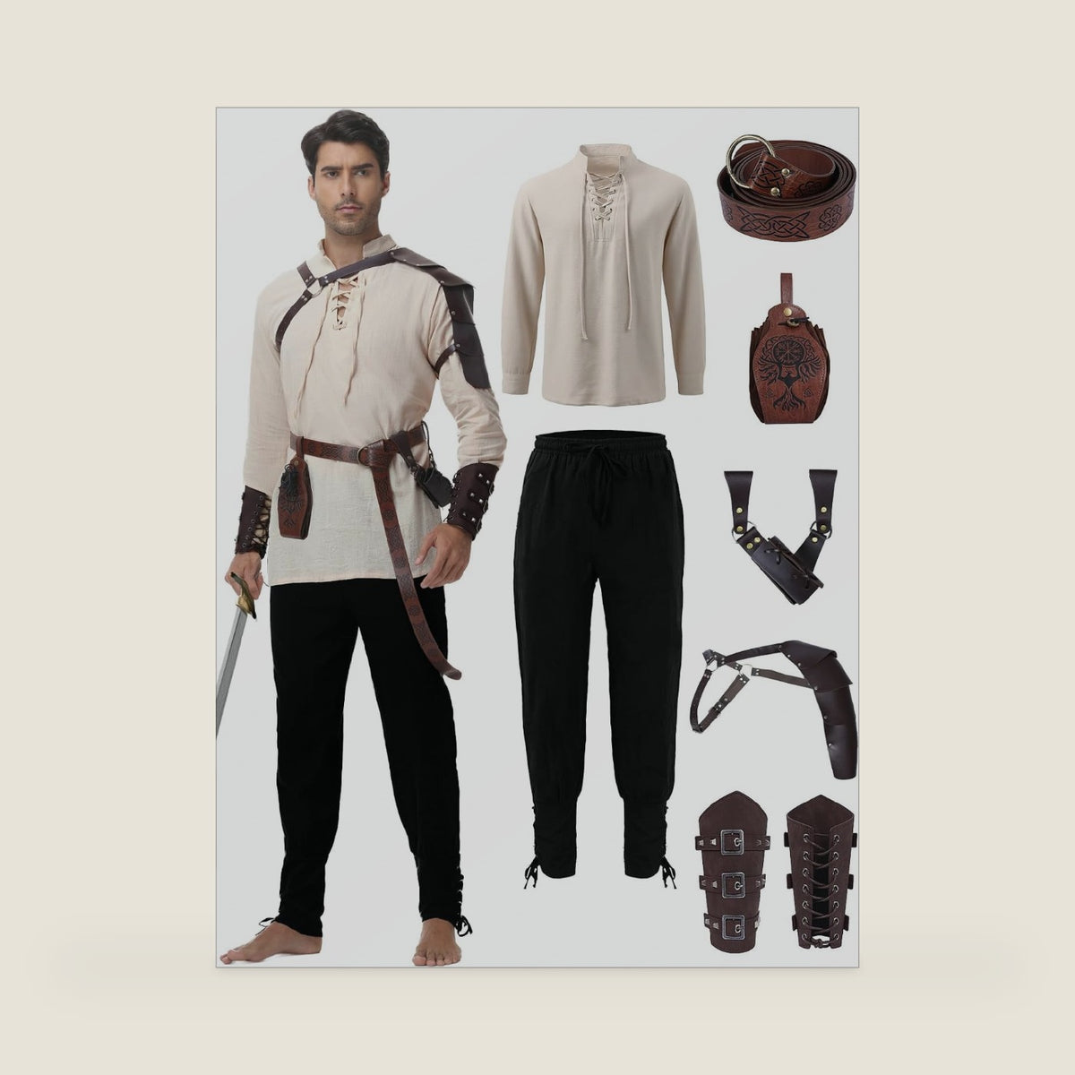 Men's Renaissance Costume,8 Piece Medieval Viking Pirate Outfit Set