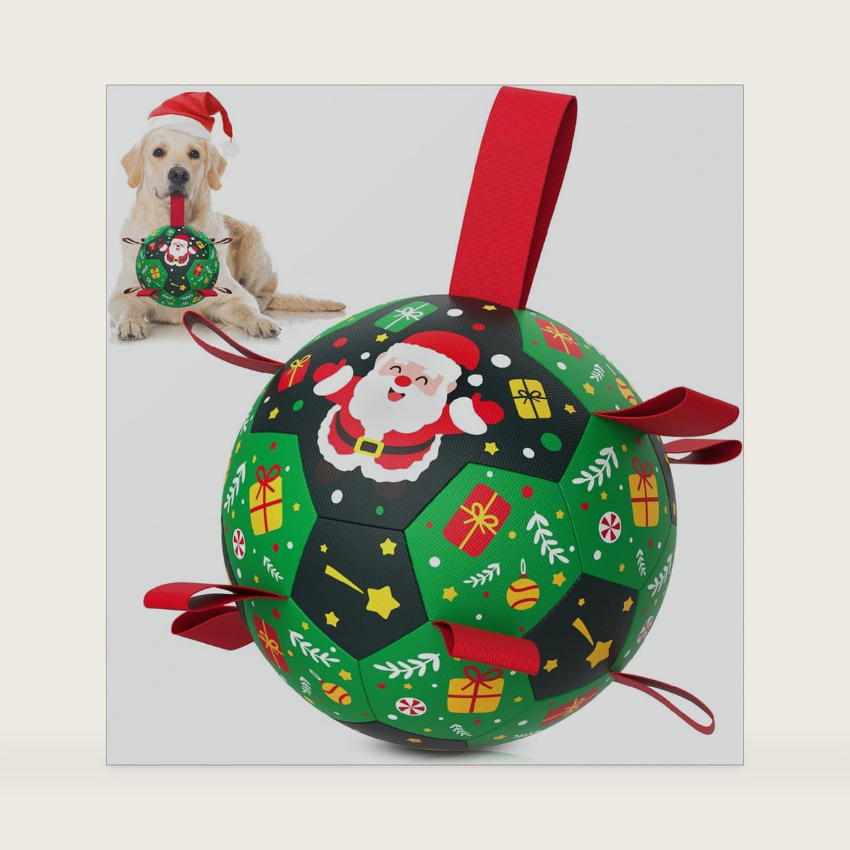 QDAN Christmas Dog Toys: Soccer Ball with Straps for Outdoor Play, Tug of War- Dog Birthday Gift, 8 Inch Balls for Medium & Large Dogs