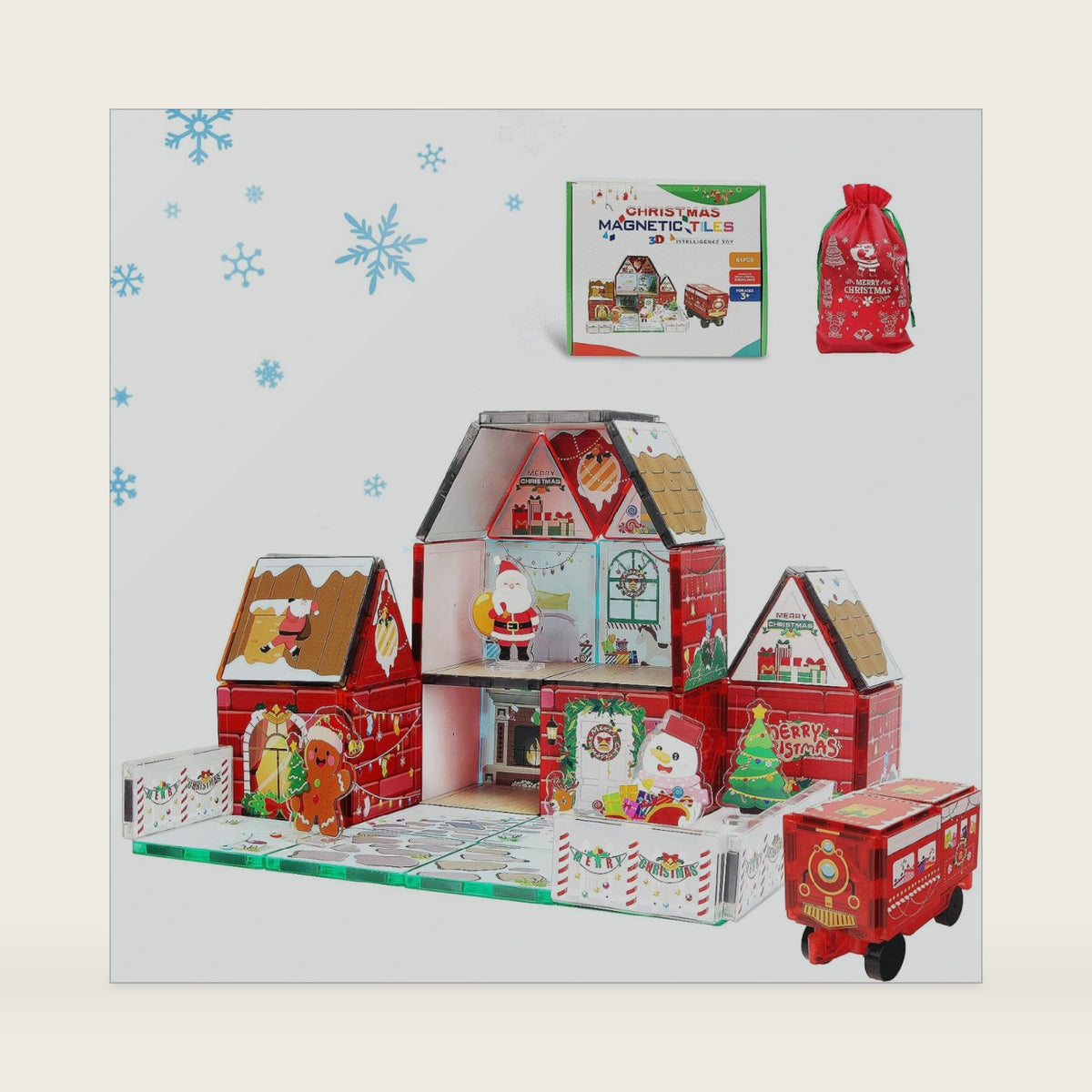 MAYAPHILOS 61 PCS Christmas Magnetic Tiles with Storage Bag, Building Blocks with Santa, Snowman, Deer, Gingerbread Magnet Construction Set Christmas House for Kids