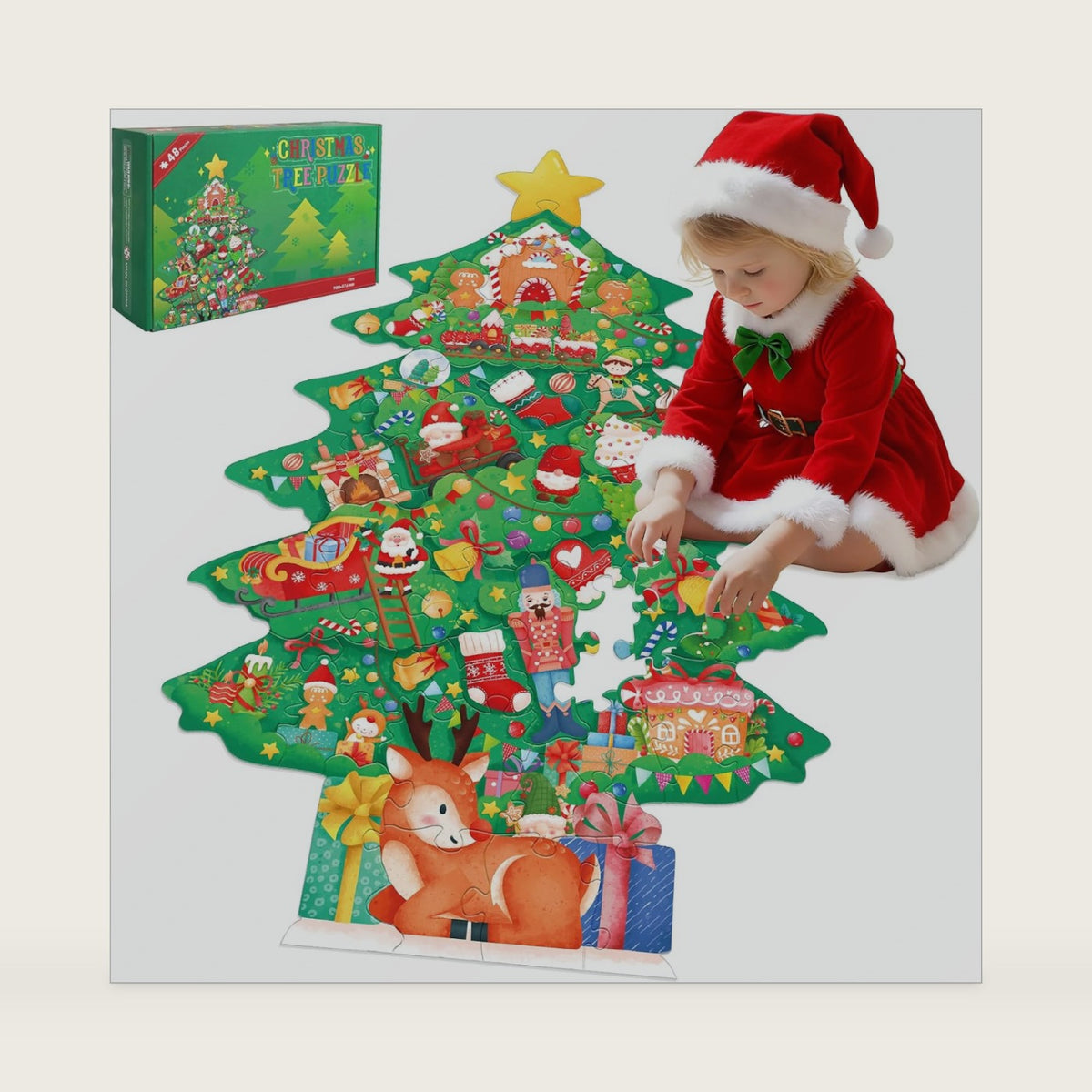 Gatherfun Christmas Floor Puzzles for Kids Ages 3-5 with 48 Large Pieces - Christmas Tree Shaped Floor Puzzle for Party Decorations, Gifts, and Classroom Activities