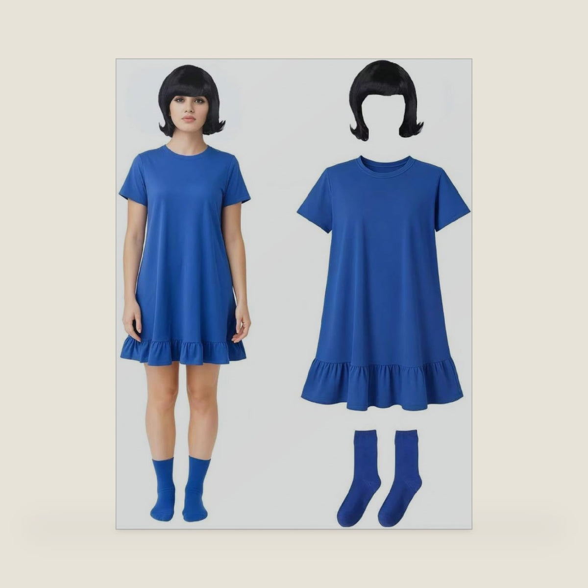 Blue Dress Short Sleeve Black Flip Wig with Blue Socks Halloween Costume Set for Women Cosplay Party