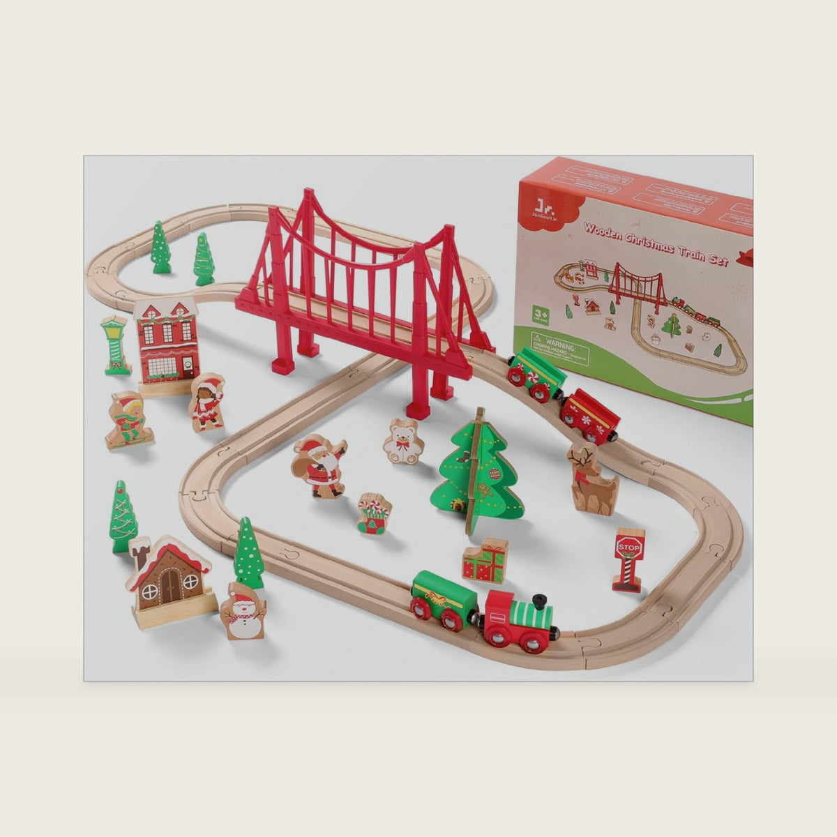 SainSmart Jr. Wooden Train Set 50 Pcs Train Set - Toy Train with Exquisite Box, Wood Train Track Set Fit for Major Brands, Ideal Railway Playset for Boys and Girls