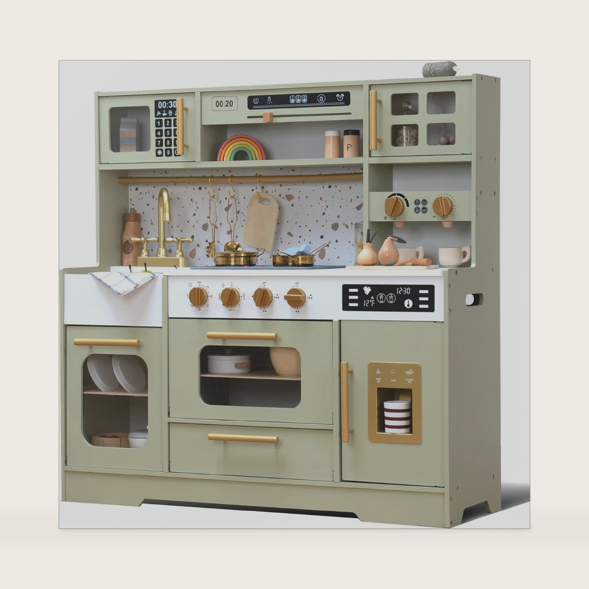 Wooden Play Kitchen with 15 Fun Accessories and Realistic Appliances Green
