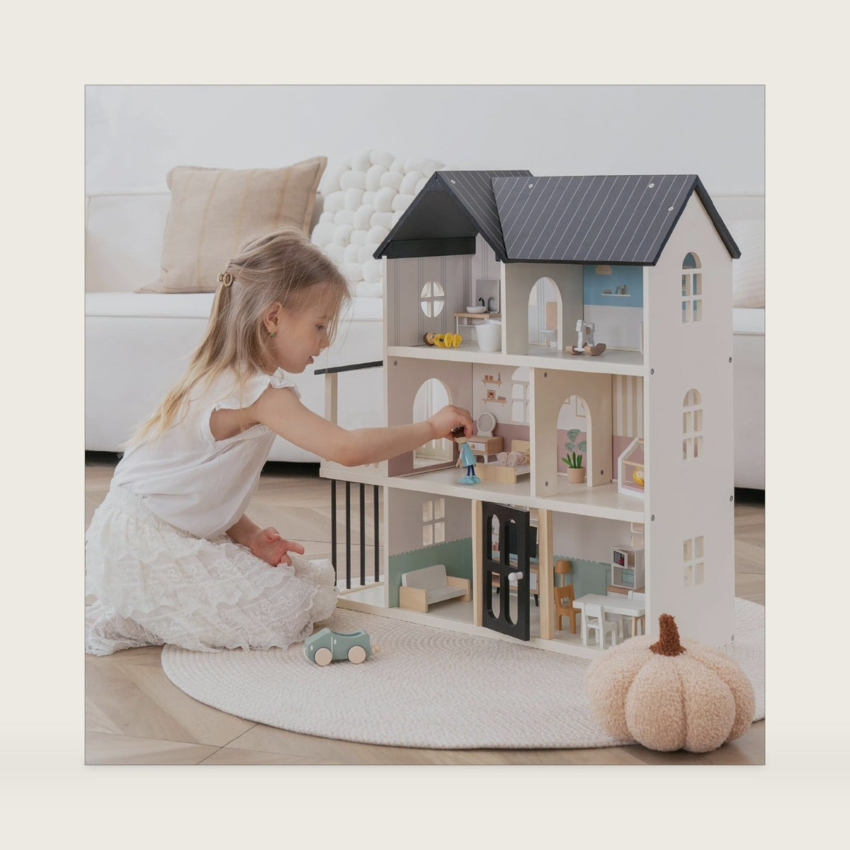 Wooden Dollhouse for Kids, 6-Room Modern-Style Toy Doll House Playset