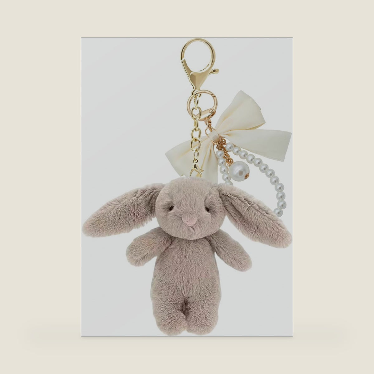 Plush Bunny Keychain with Bow Pearl 3.5 In