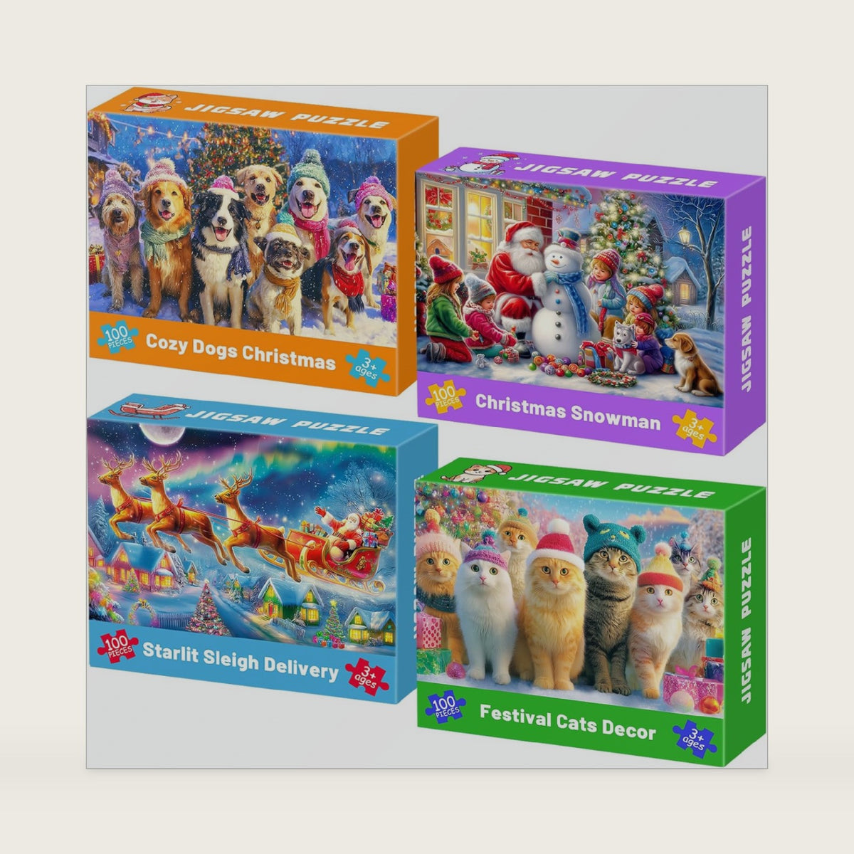 100 Piece Christmas Puzzles for Kids Ages 4-6, 4 Pack Jigsaw Puzzles for Kids Ages 6-8, Christmas Cats Dogs Snowman Sleigh Xmas Gifts for Boys and Girls Learning Educational Holiday Puzzles 5-8 8-10