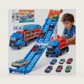 Race Track Truck Toys for 3 4 5 6 Years Old Kids - Carrier Truck Transport Car with 6 Die-Cast Cars Toys, 4-in-1 Truck with 2 Foldable Race Tracks, Christmas Birthday Gifts Toy for Toddler Boys, Blue