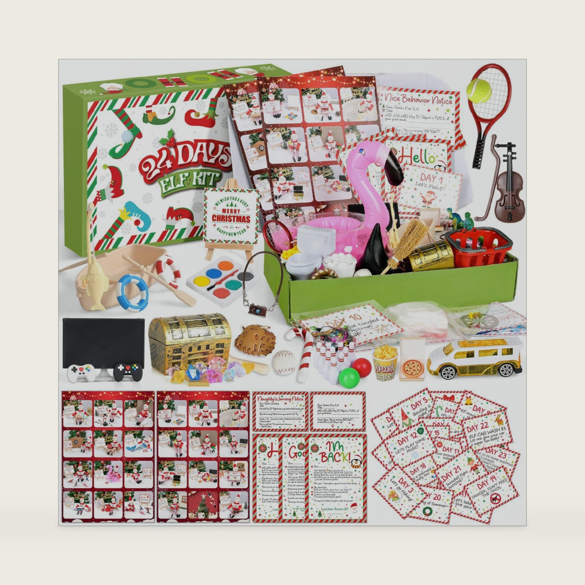 MOVINPE Elf Activities Kit – 24 Days Christmas Elf Accessories Props Set with Instructions, Photos, Letter, Card, Certificates & Warning Notes, Elf Ideas for Magic Christmas Countdown