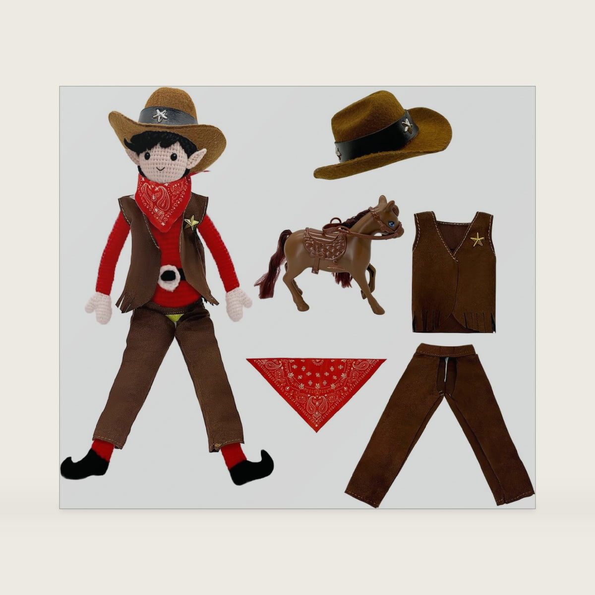 Christmas Elf Doll Props & Accessories Set，Western Cowboy Clothing Suit with Hat, Bandana, Shirt Pants and Lasso Rope Santa Clothing，Doll Not Included