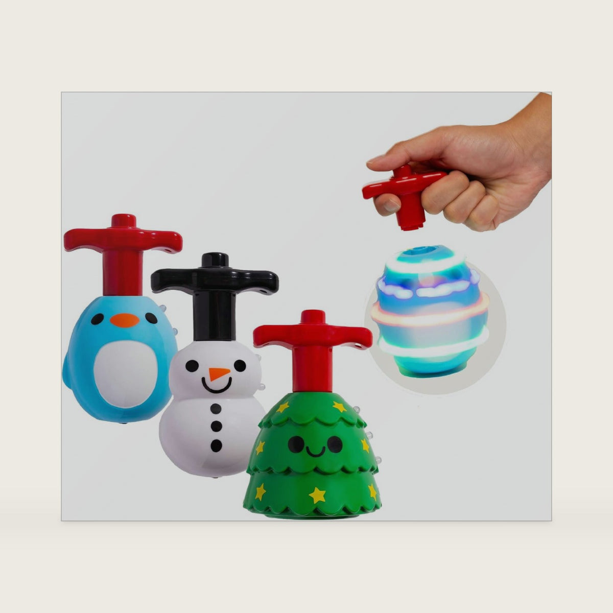 Light Up Spinning Top Toys for Kids – LED Flashing Spinner Tops with Colorful Glow, Handheld Spin Toy Party Favors & Classroom Prizes – Christmas Characters 3-Pack (Penguin, Snowman & Tree)