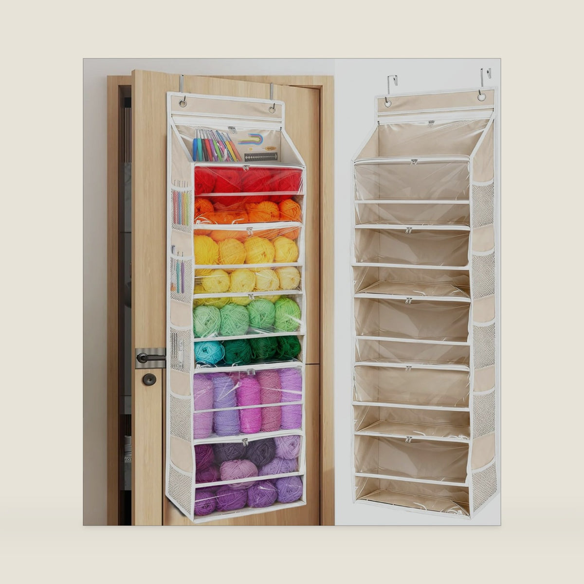 Hanging Yarn Storage Organizer, 6 Tiers Zippered Over Door Yarn Organizer