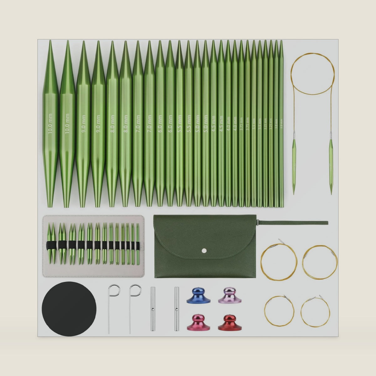Interchangeable Circular Knitting Needles Set Premium Aluminum Knitting Kit 13 Pairs of 4 Inch with 4 Cables, Accessories and Storage Bag Green