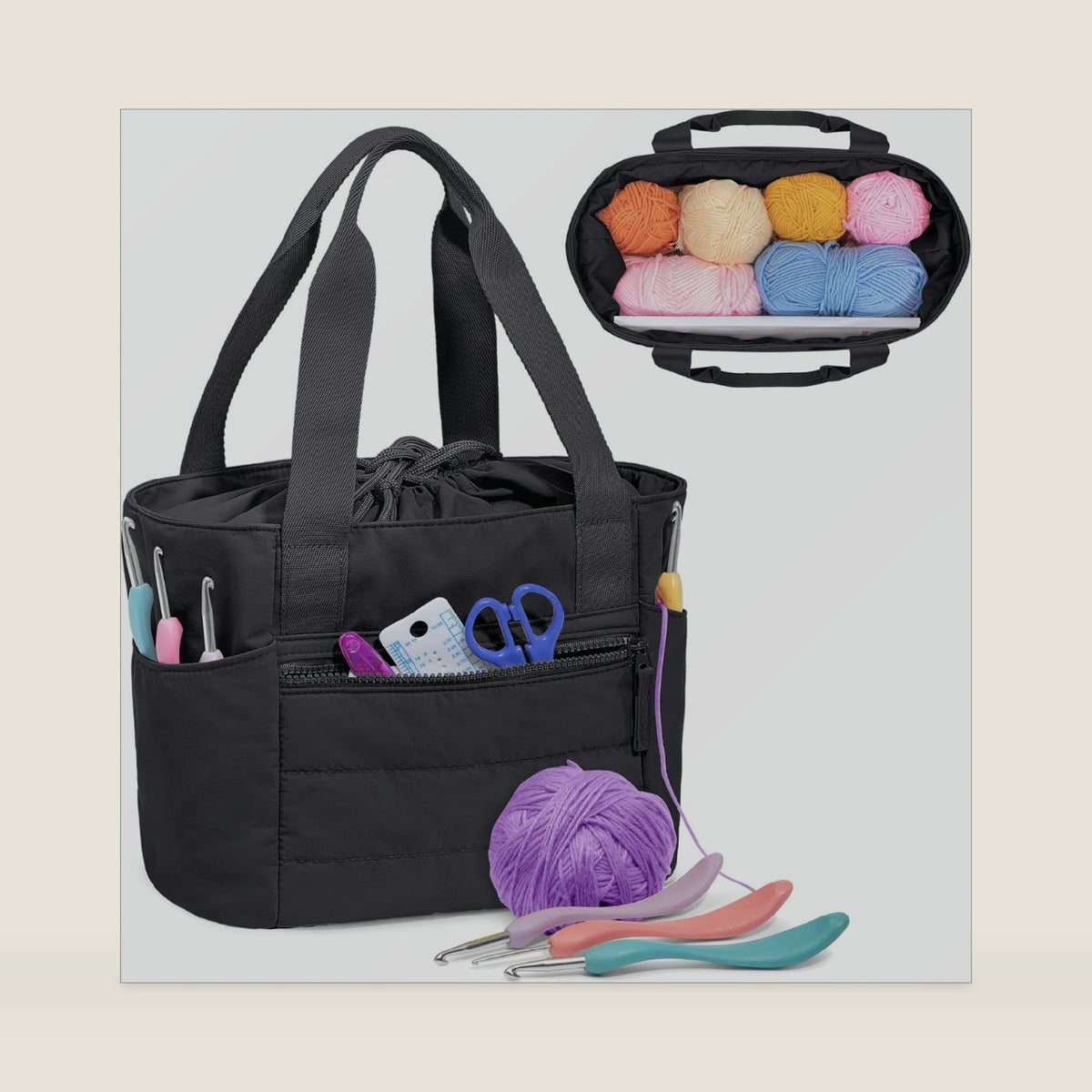 Teamoy Small Knitting Bag, Yarn Storage Tote, Crochet Bag Organizer, Black