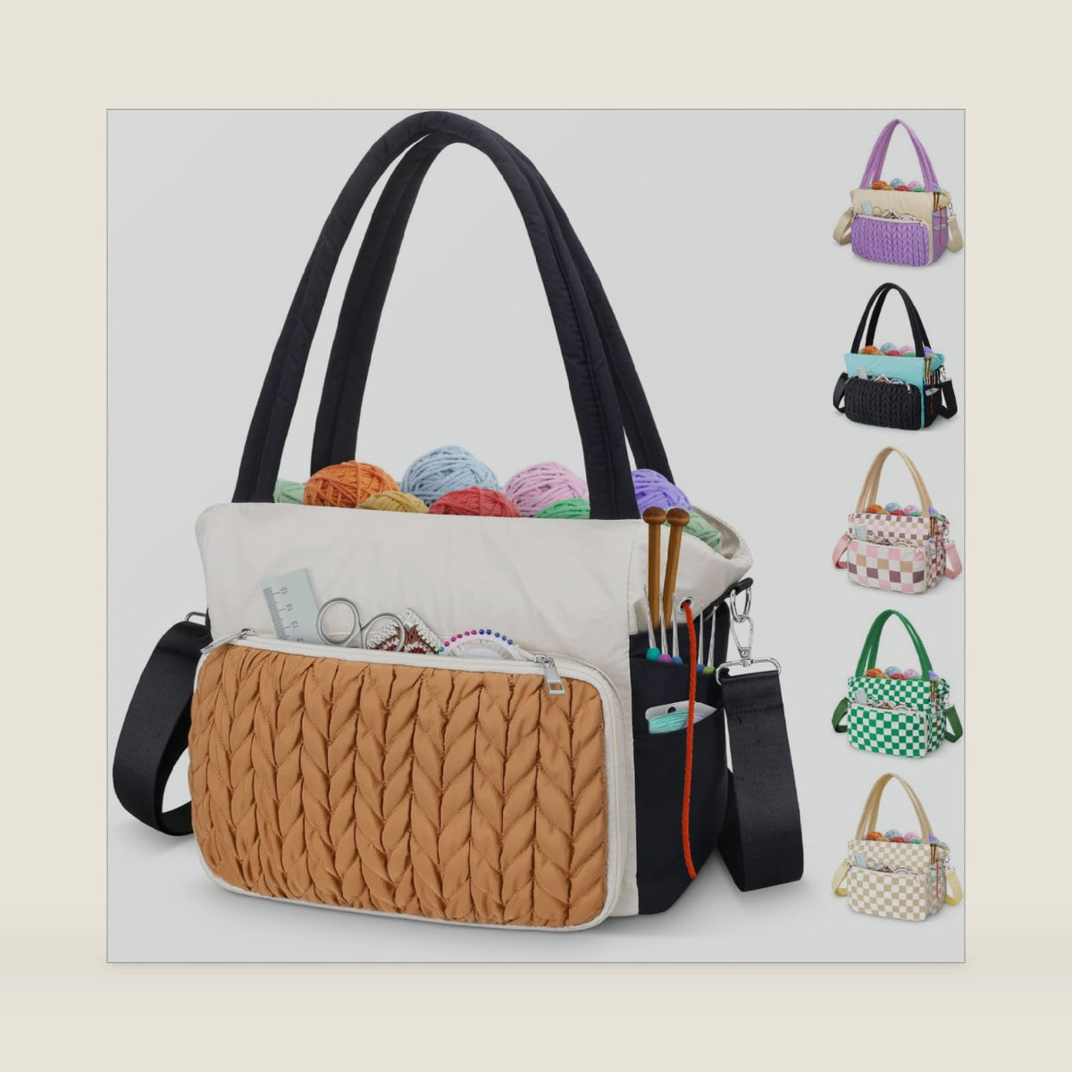 DALINDA Crochet Bag Organizer,Yarn Bag and Tote- Yarn Storage with Multiple Pockets for Crochet Supplies, Knitting Bag for Gifts,Portable & Durable(Brown)