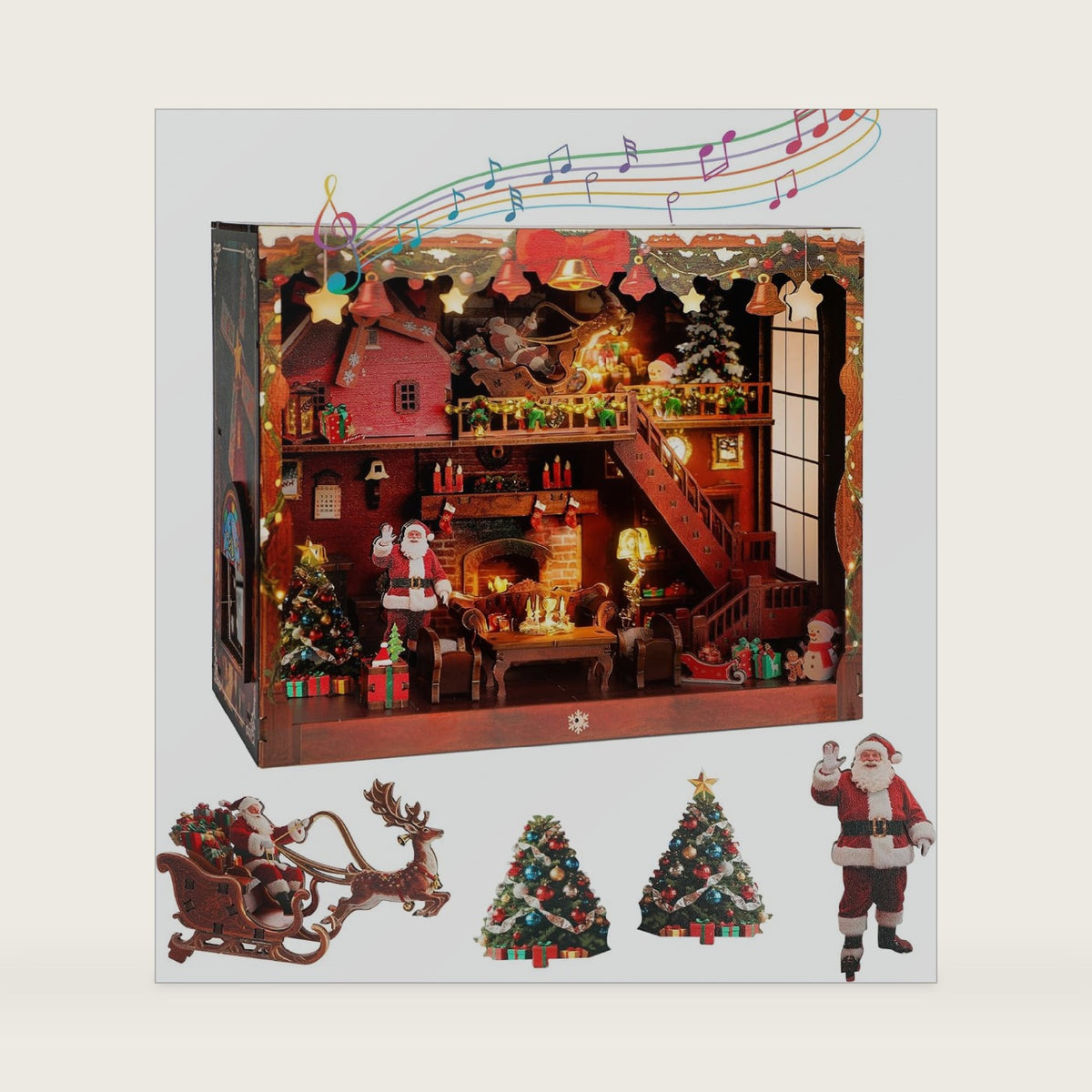 DIY Miniature House, LED Lighting Book Nook Kit Dollhouse Kit,Music Box Dollhouse, 3D Wooden Puzzle with Dust Cover,Gifts for Family, Friends,Christmas(Christmas Carnival)
