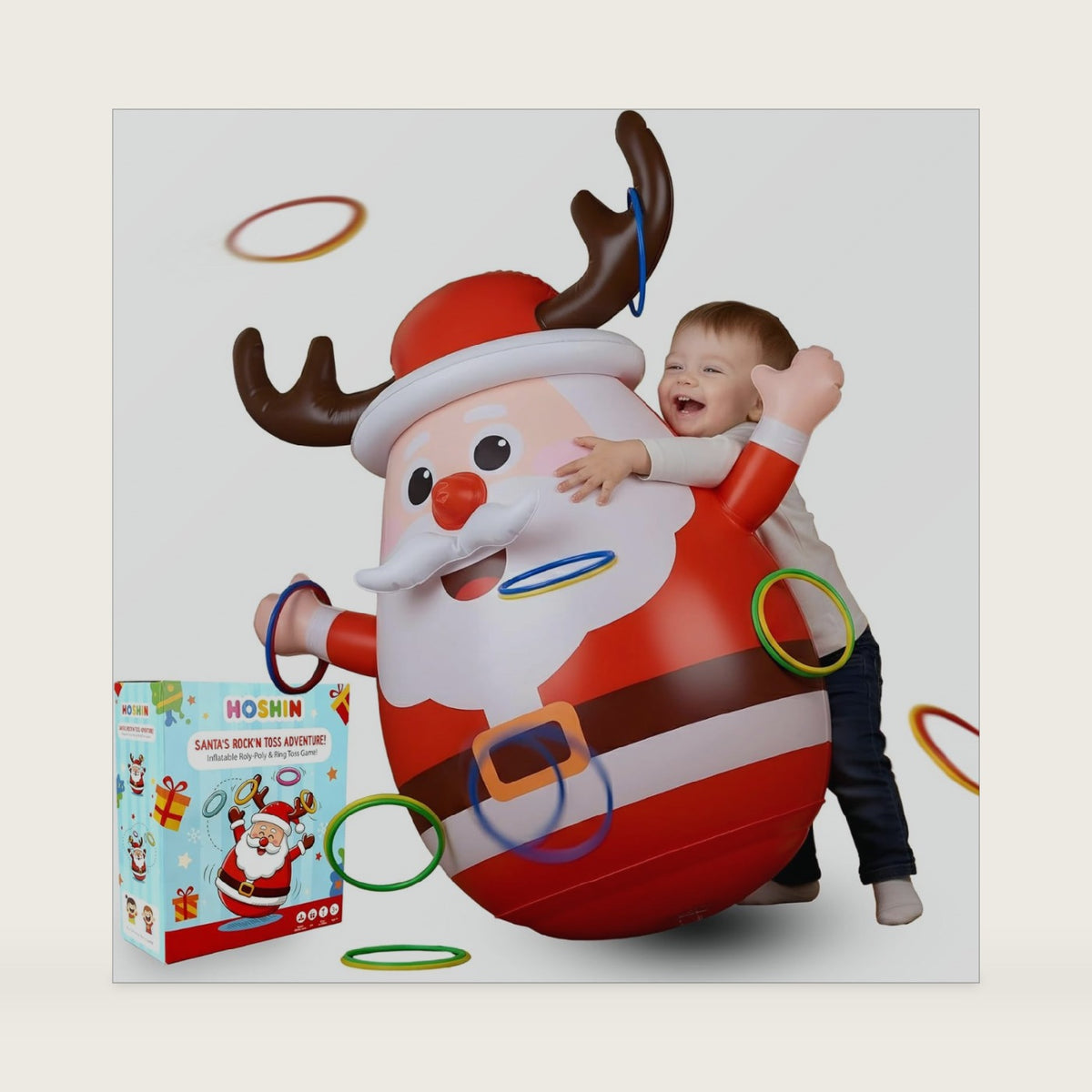 Inflatable Santa Reindeer Ring Toss Game with Wobbling Punching Bag, Christmas Party Game for Kids and Adults, Holiday Decoration
