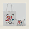 Y1tvei Crochet Canvas Tote Bag - 2Pcs Cosmetic Pouch Tote Bag Reusable Grocery Folding Shopping Bag for Crocheters Women