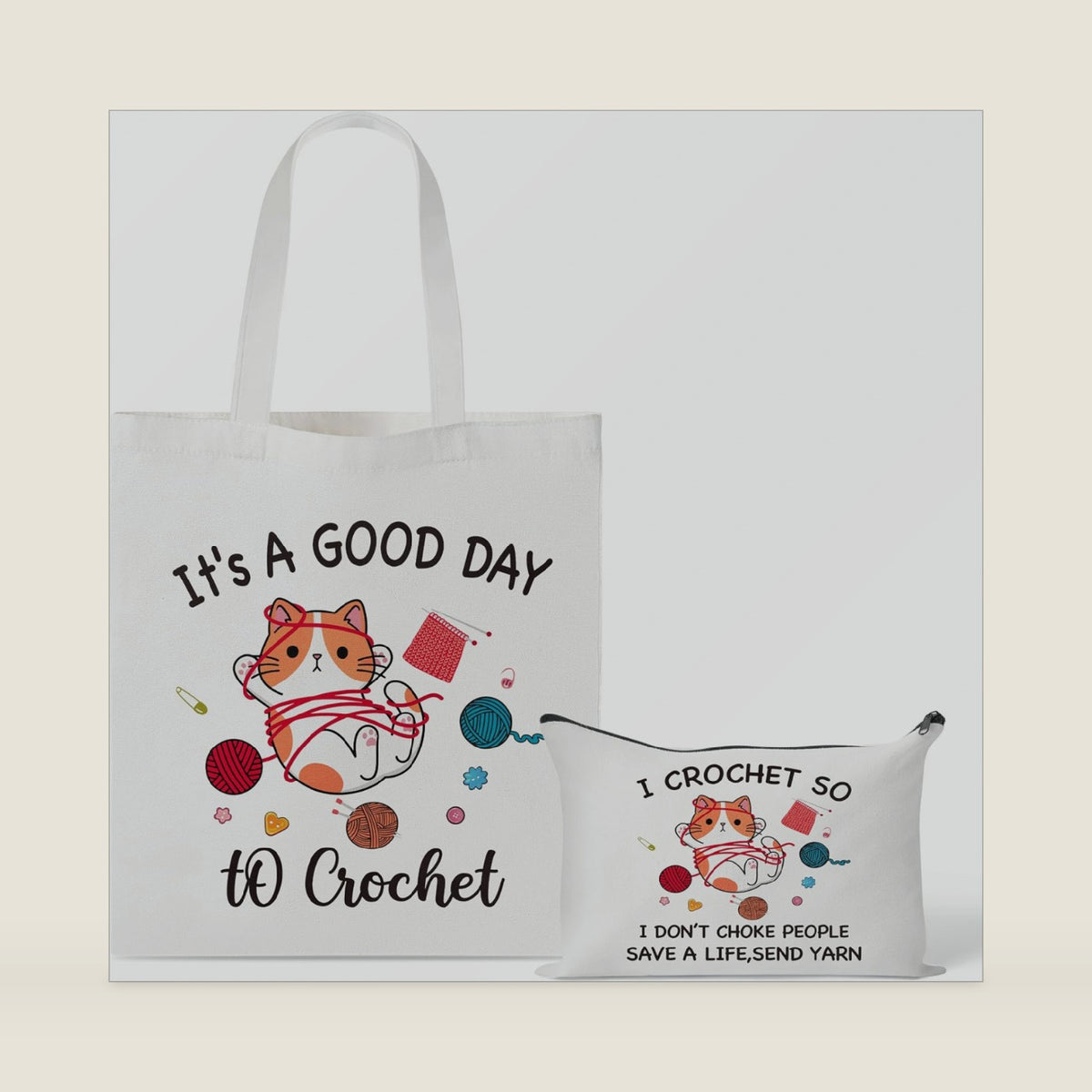 Y1tvei Crochet Canvas Tote Bag - 2Pcs Cosmetic Pouch Tote Bag Reusable Grocery Folding Shopping Bag for Crocheters Women