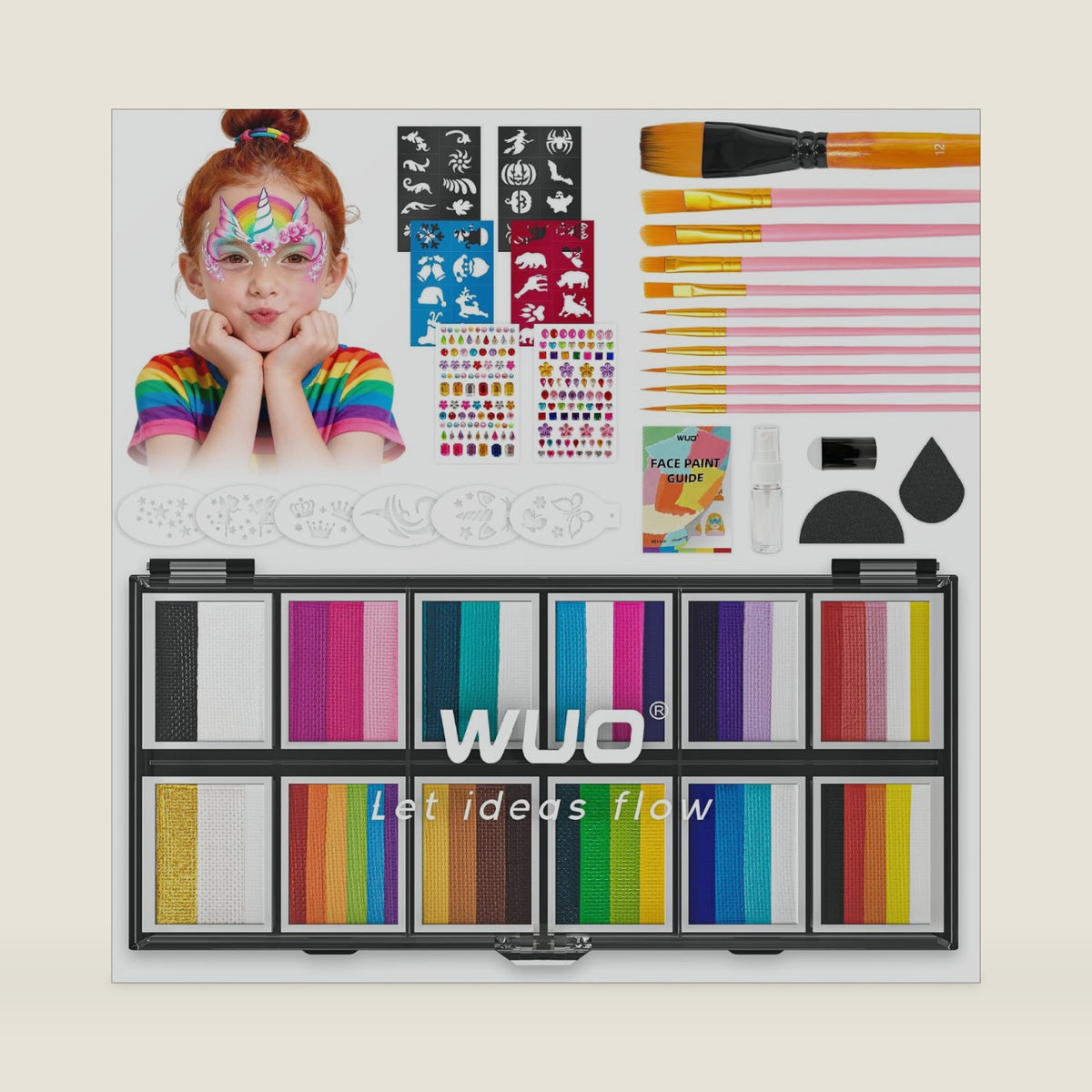 WUO Professional Face Painting Kit for Kids, 12x10g Split Cake Palette