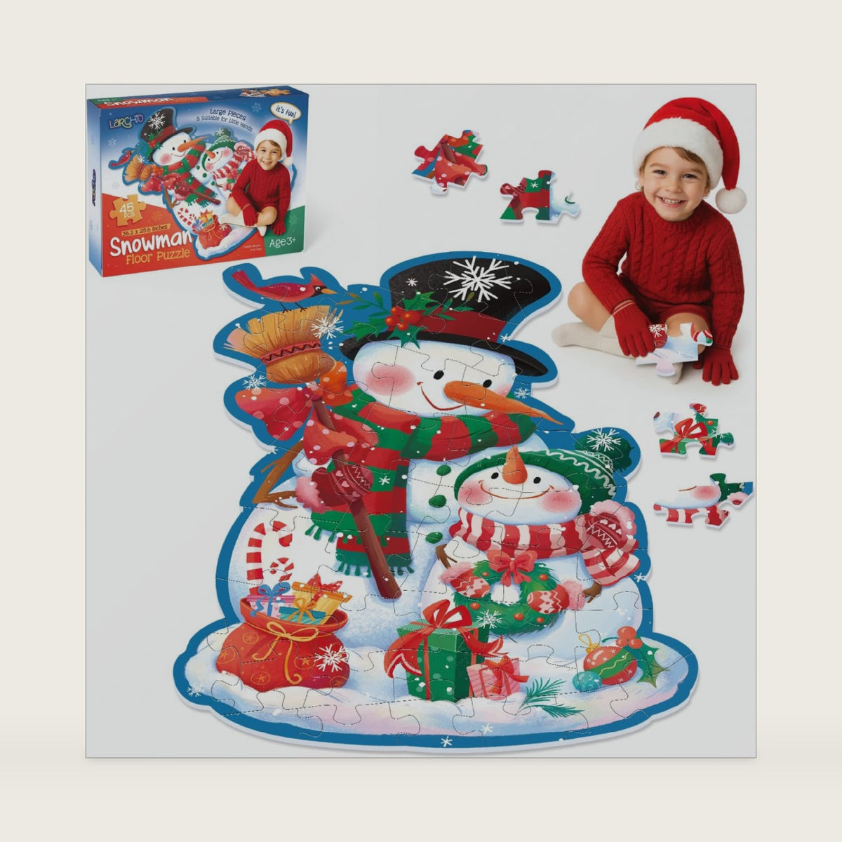 Snowman Floor Puzzle for Kids Age 4-8, 45PCS Jumbo Christmas Jigsaw Puzzle, Large 25.6" x 36.2" Winter Puzzle with Poster, for Kid Boy Girls