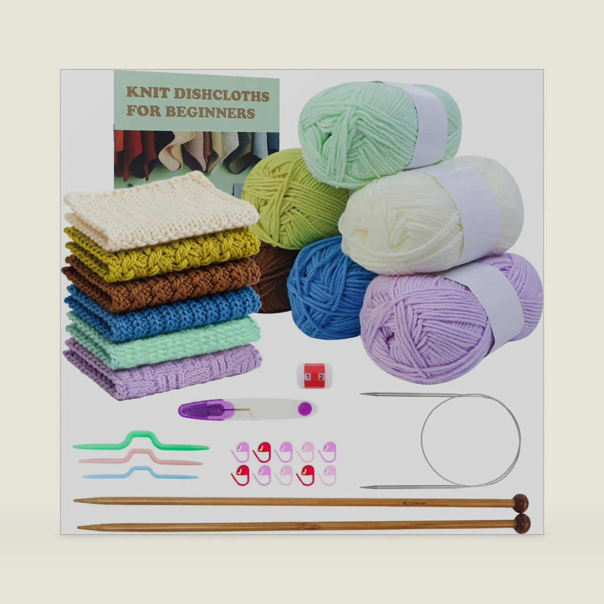 Lewhoo Knitting Kit for Beginners, 6 Patterns Dishcloth Learn to Knit Kit
