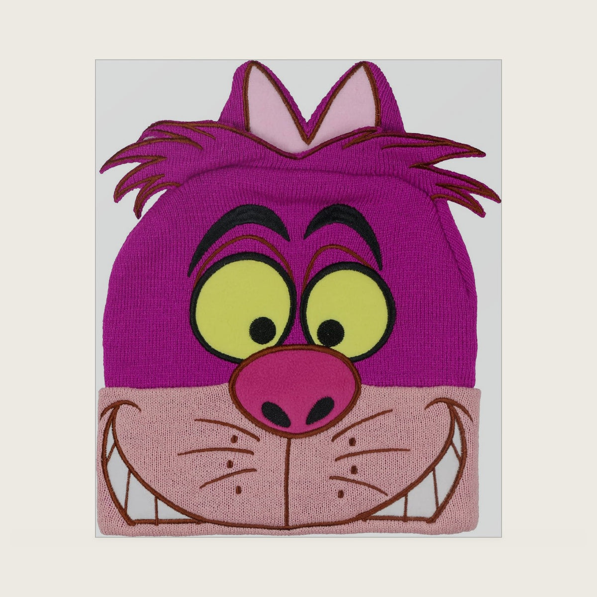 Alice in Wonderland Cheshire Cat Beanie Embroidered Face 3D Ears Knit Hat Multicolored