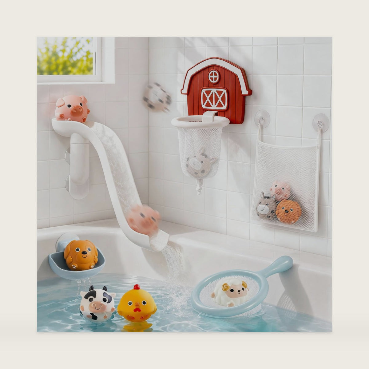No-Hole Farm Animal Bath Toys for Kids Ages 1-3, Water Slide Toys