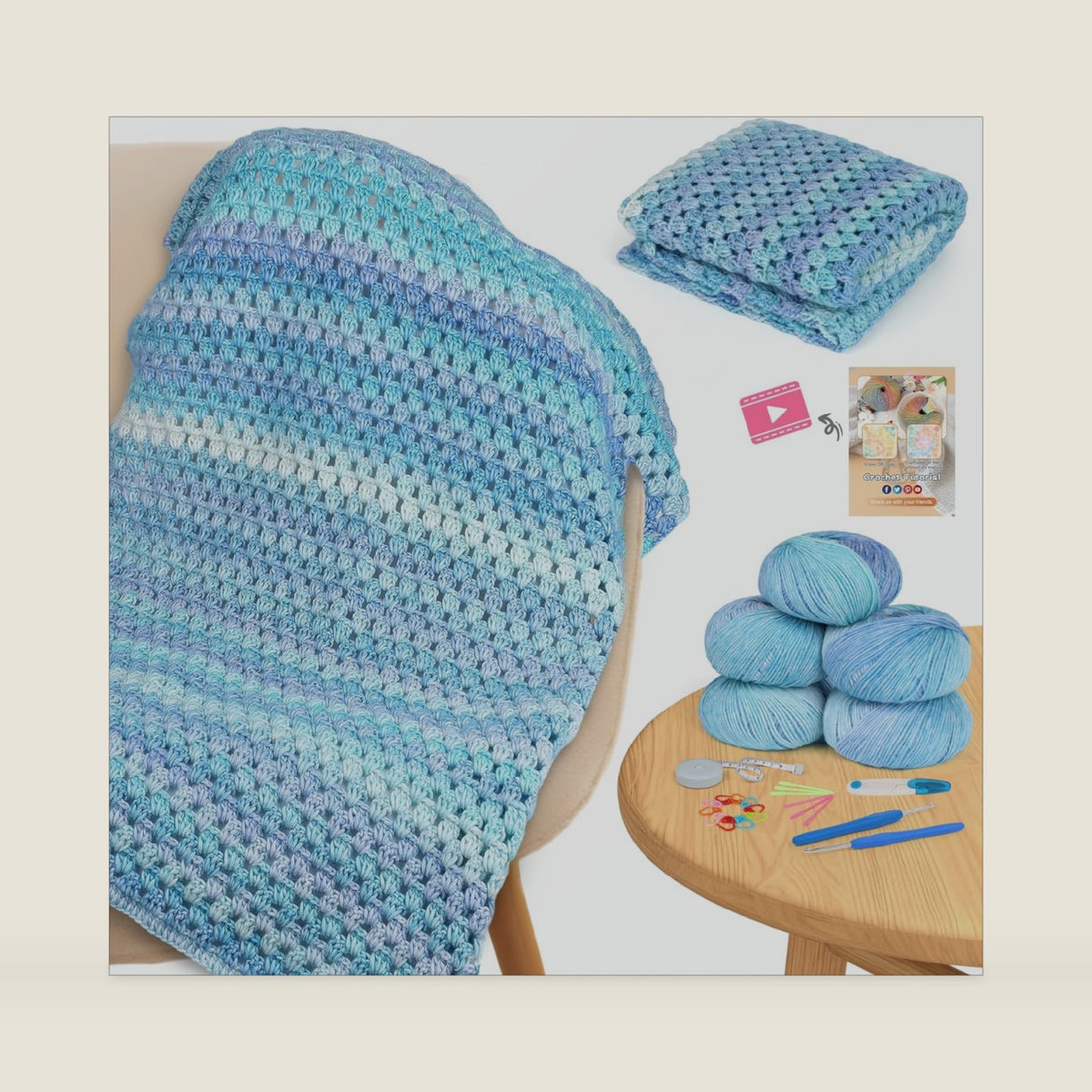 Aeelike Crochet Blanket Kit for Beginners, Easy Crochet Kits, Blue Gradient