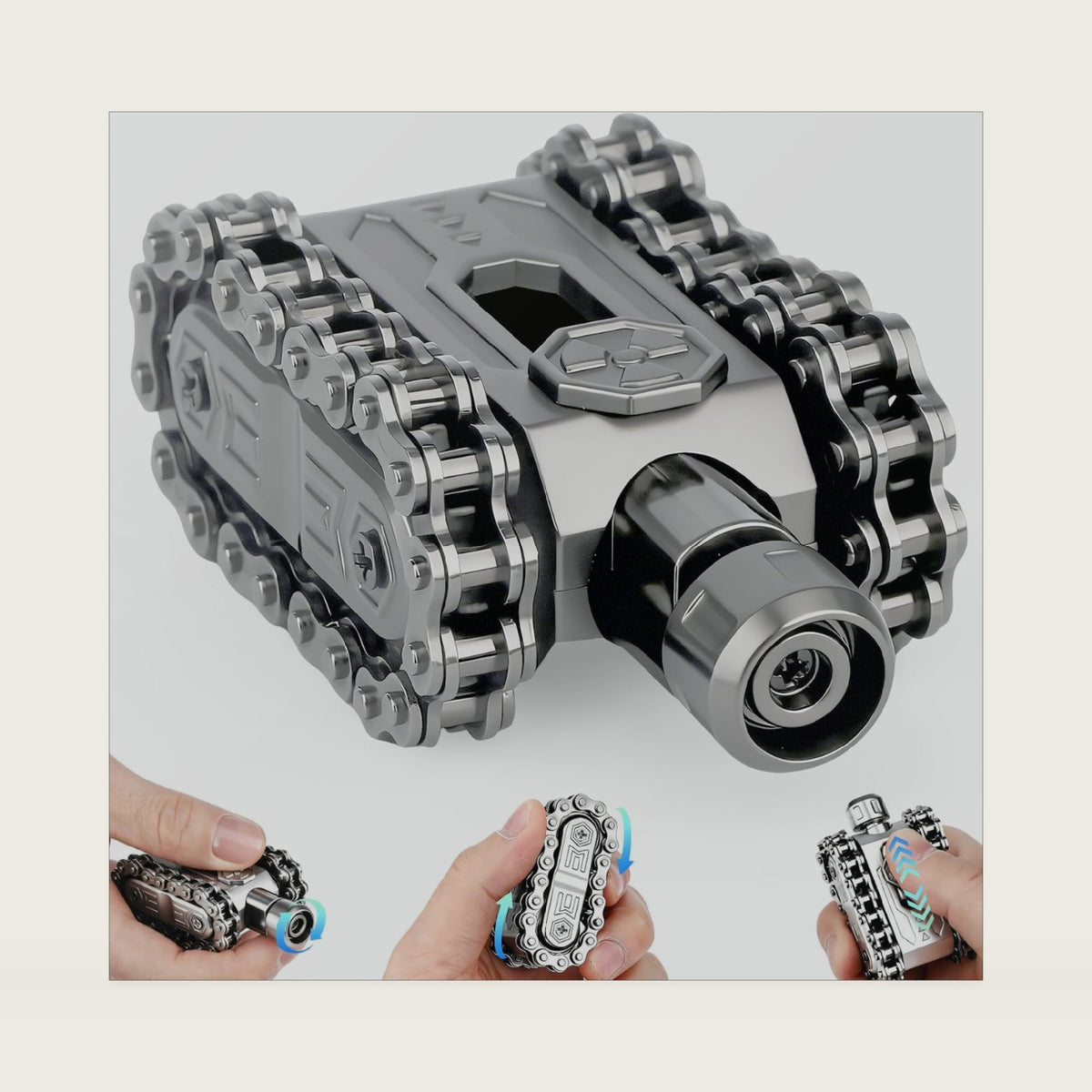 Fidget Slider Chain Spinner 4 in 1 Heavy Duty Tank Hand Roller Toy, Tactile Clicking Sound Haptic Fidget Toy, EDC Anxiety Focus Sensory Tool Gift for Men Teen Boy, Silvery/Metal