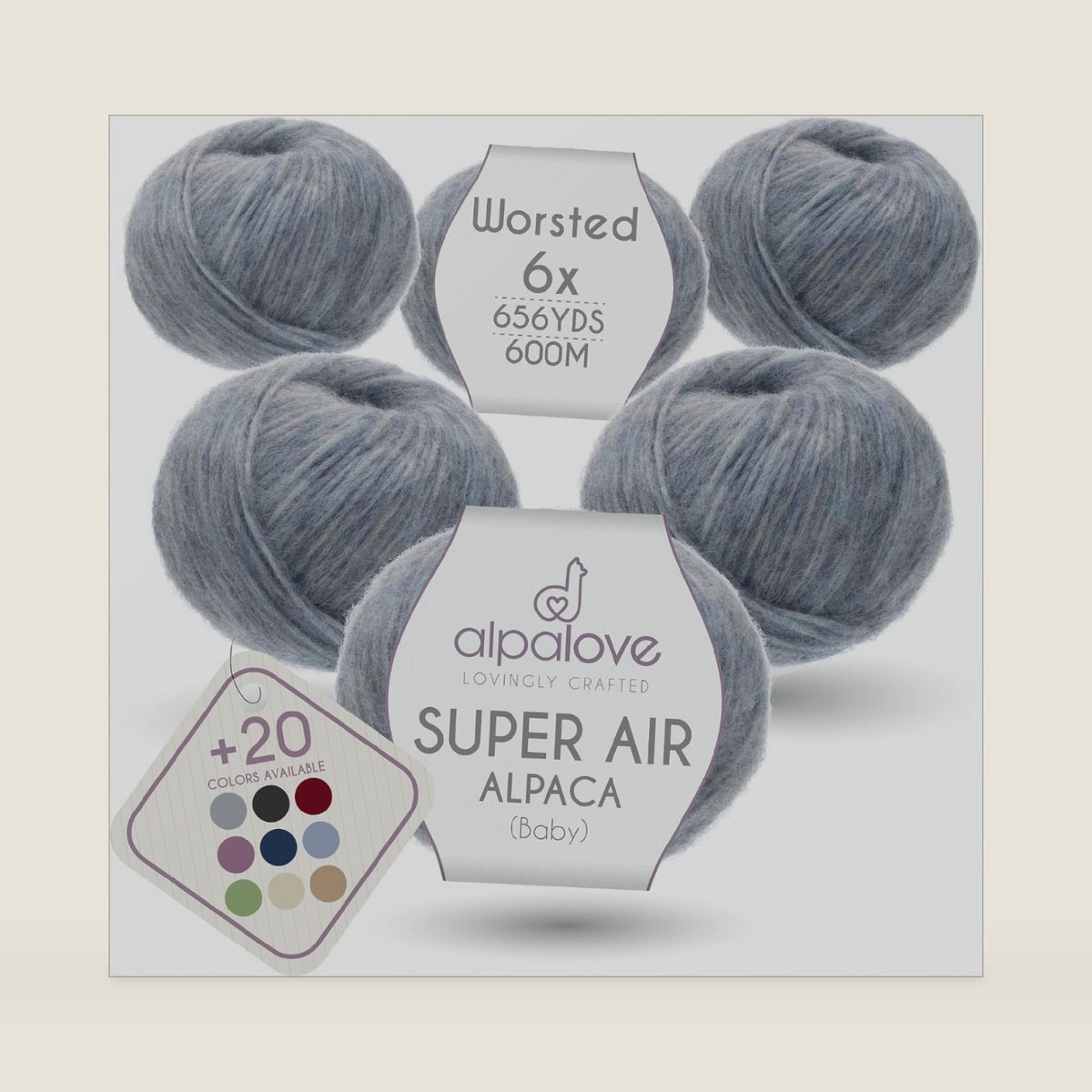 Super Air Worsted Yarn, Air-Spun Alpaca Fiber, Lightweight, 4 Skeins, 656 Yards, Glacier Melange