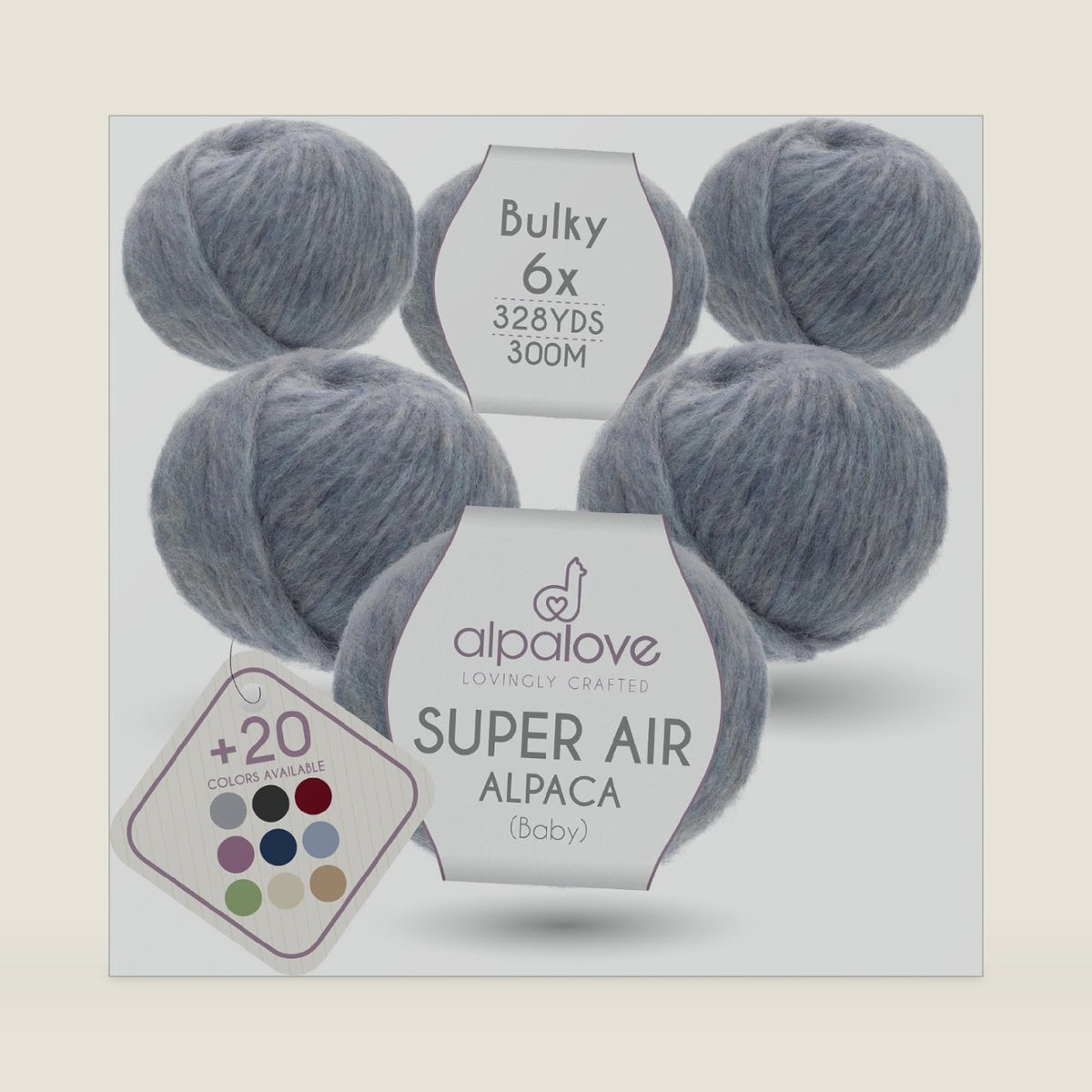 SSuper Air Bulky Yarn, Air-Spun Alpaca Fiber, Lightweight, 4 Skeins, 328 Yards, Glacier Melange