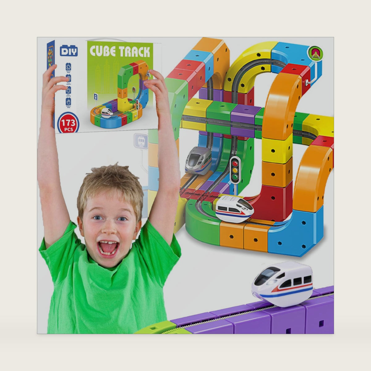 Electric Train Set for Kids 173 PCS, 3D Gravity-Defying Flexible Track with Motorized Train & Accessories, DIY STEM Building Toy with Traffic Signs, Gift for Boys Girls Ages 3-8