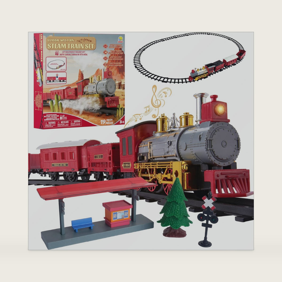 Goldlok Electric Train Set with Light & Sounds, 19 PCS Train Toys for Toddlers 3-5 & Kids 4-8, Locomotive, Passenger Car, 12 Tracks, Indoor Toy, Birthday for Boys and Girls