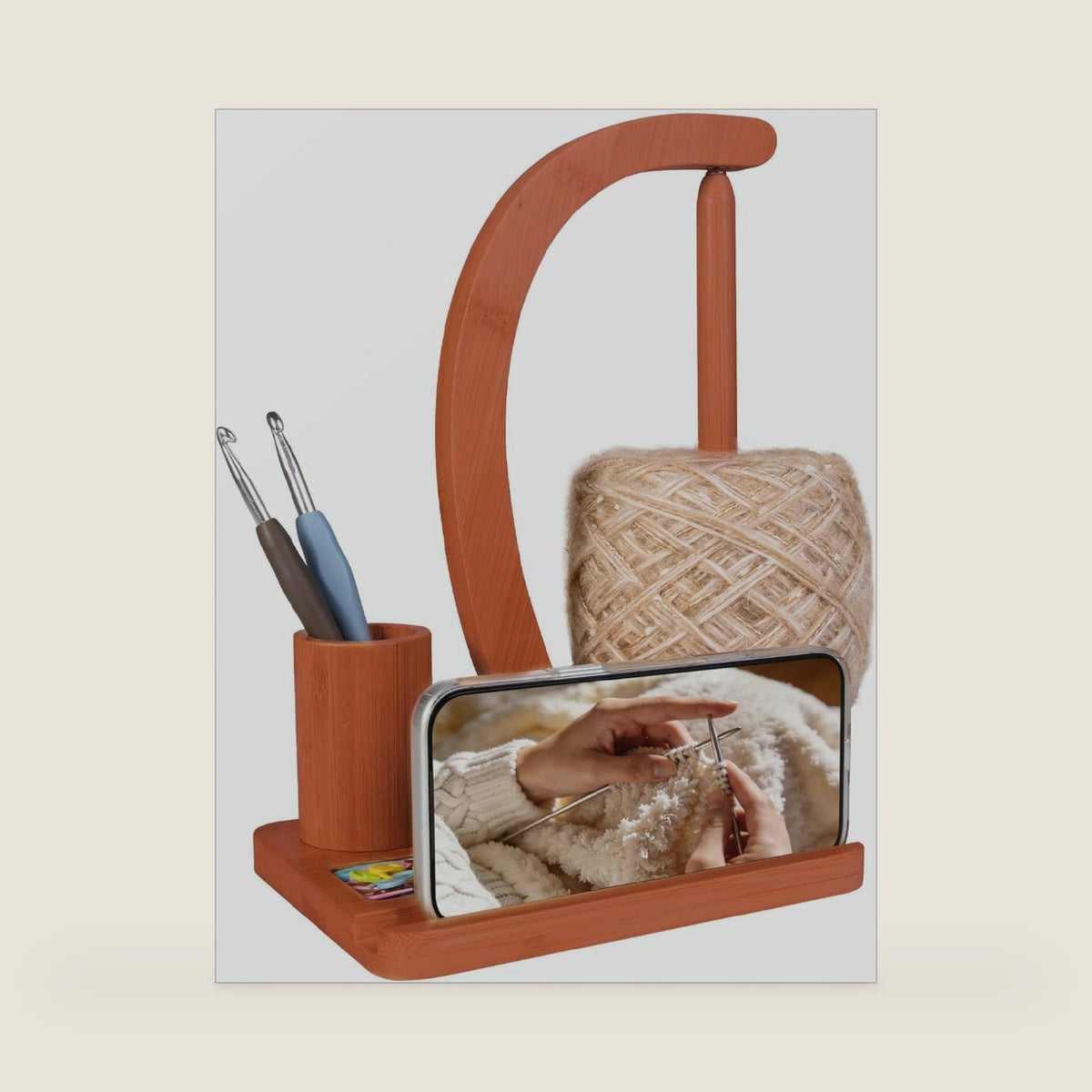 SPEENSUN Magnetic Bamboo Yarn Holder with Phone Stand, Walnut Finish