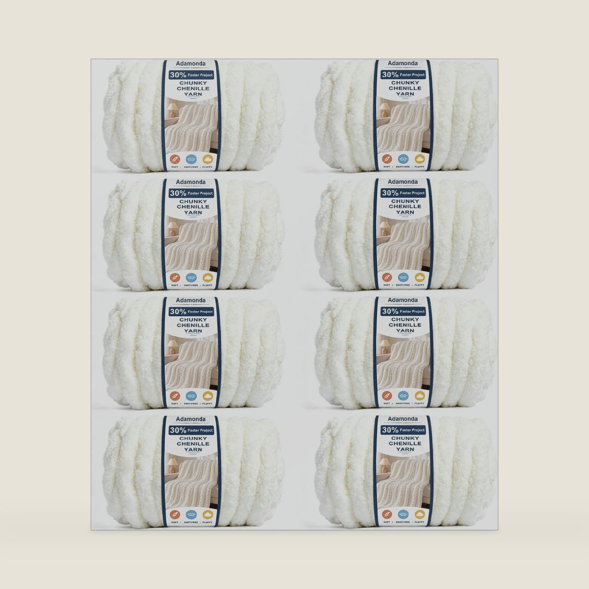 Chunky Yarn for Hand Knitting -Chunky Chenille Yarn, Thick Fluffy Chunky Knit Blanket Yarns, Chunky Yarns for Crocheting & DIY Crafts, 8 Skeins (Cream)