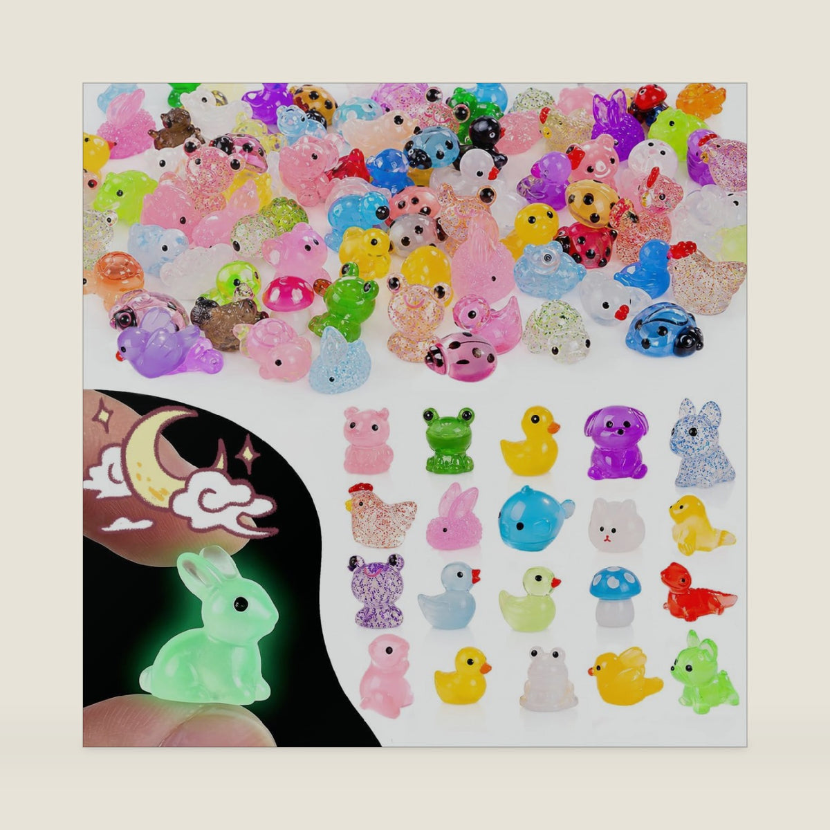 200 pcs Luminous Mini Resin Animals Many Styles Variety Tiny Animals Figures Miniature Little Small Animal Figurines Bulk for Micro Fairy Garden Landscape Accessories Hide Crafts Decor Aquarium