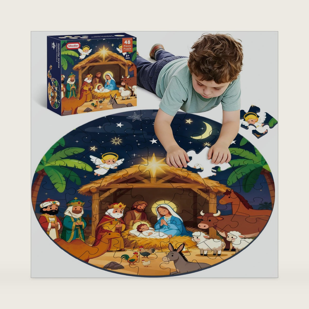 Sitodier Christian Bible Puzzles for Kids, 48-Piece Nativity Scene of Jesus Floor Puzzle, Educational Toy for Sunday School, Holy Week and Palm Sunday, Gift for Boys and Girls Ages 3 to 8