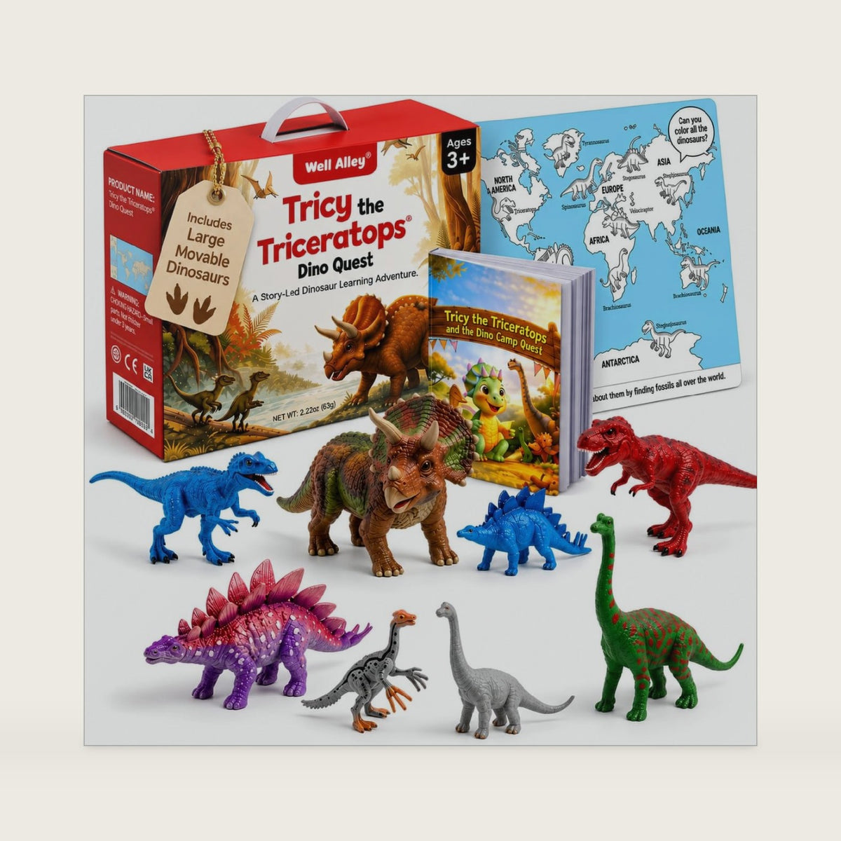 Tricy's Dino Quest Dinosaur Toys for Kids Ages 3-5 – 9 Large Realistic Dinosaur Figures with Story-led adventure & Dinosaur World Map, Educational Learning & Imaginative Dino Set for Boys and Girls
