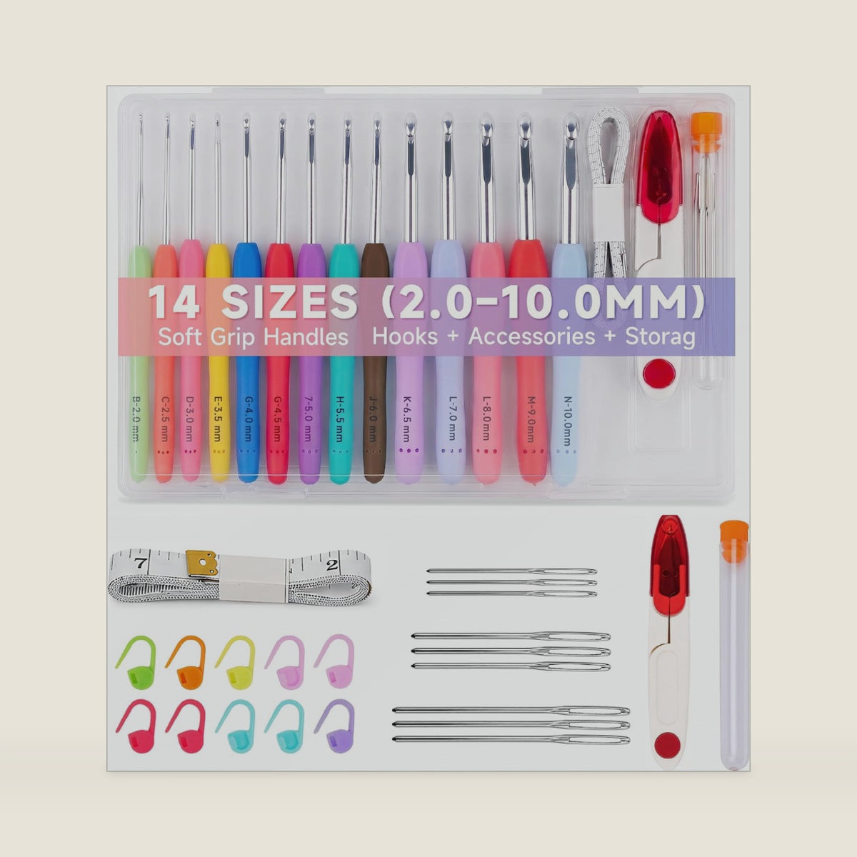 Bofoho 14 Sizes Ergonomic Crochet Hooks Set, 2mm(B)-10mm(N)