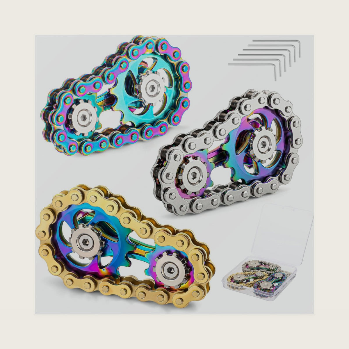 3 Pcs Metal Bike Chain Fidget Spinner Toy with Storage Box, Cool Gadgets Colorful Fidget Toys Desk Finger Sensory Gift for ADHD Anxiety Stress Relief Items Stocking Stuffers
